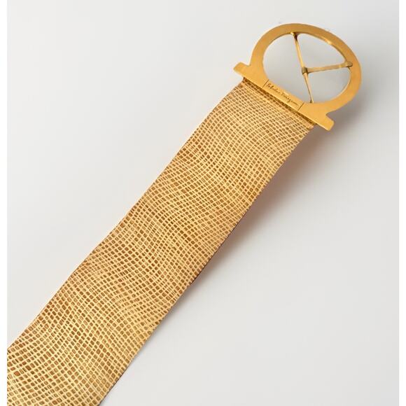 Ferragamo Gancini Belt Beige Leather Gold Gancini Buckle | Vintage Luxe Gift NEW - Picture 9 of 16